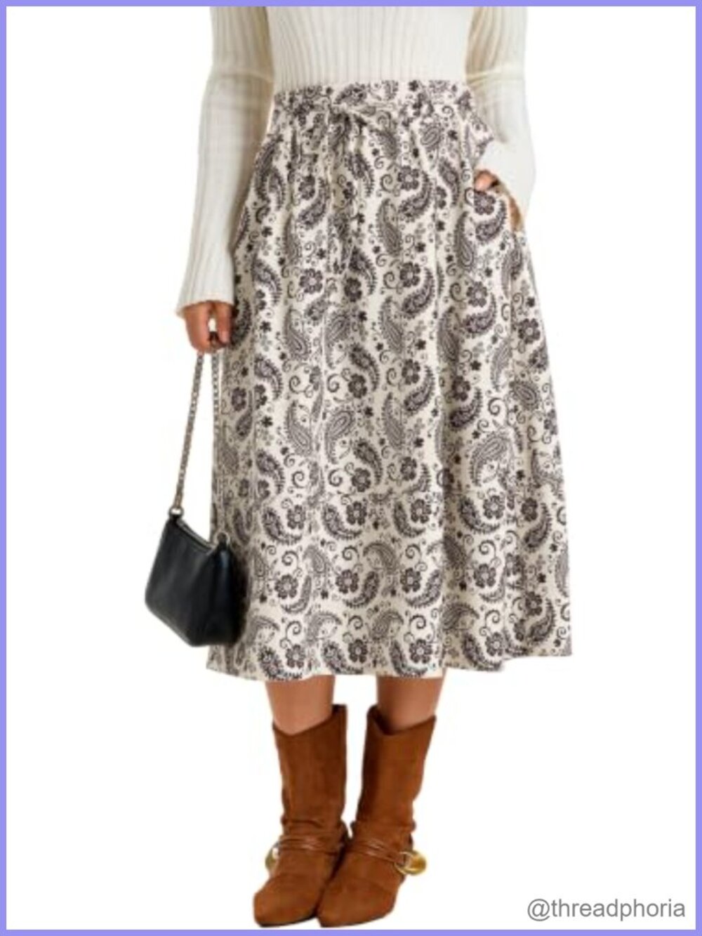 Faux Suede Paisley Midi Skirt A-Line Tie Back Elastic Waist